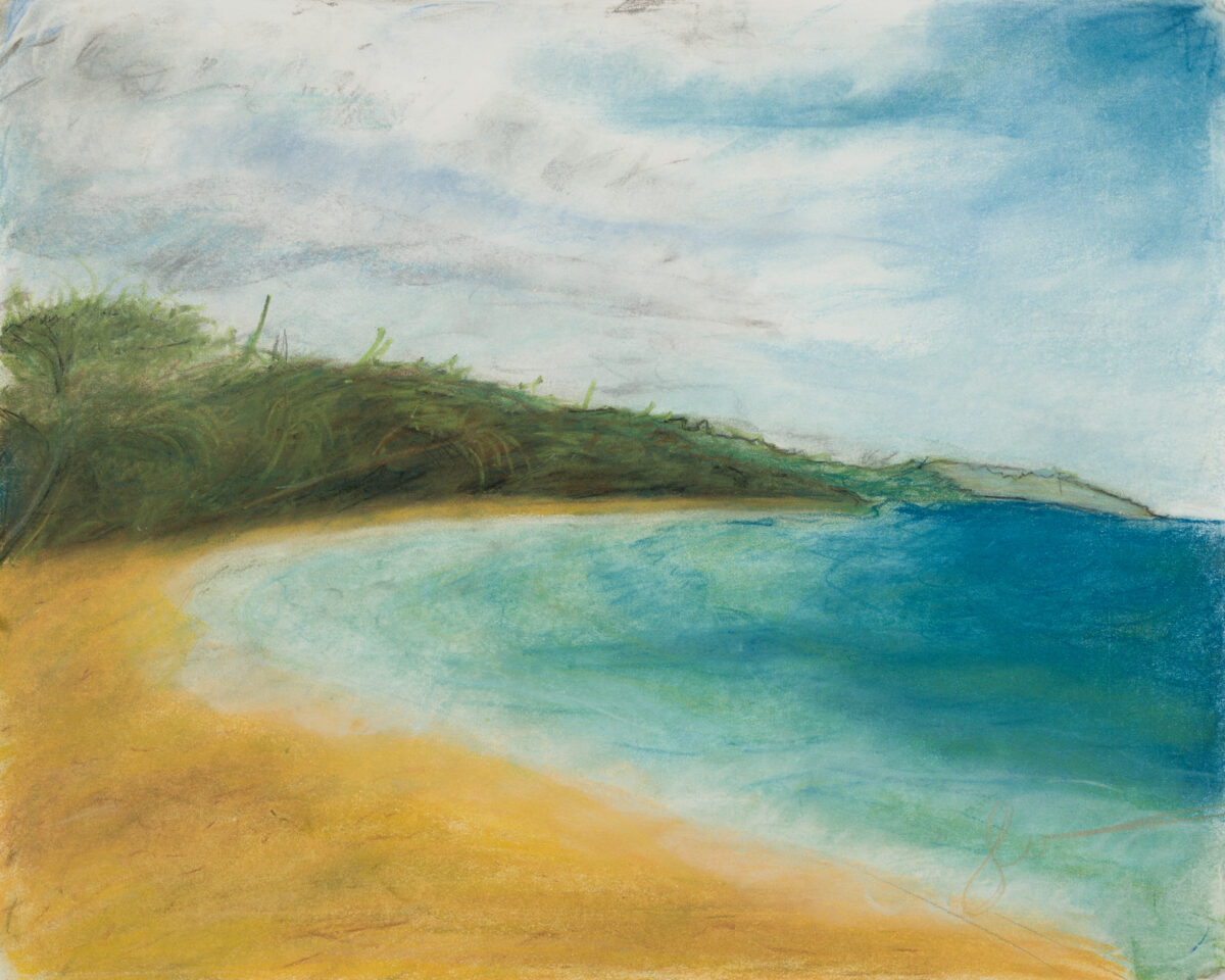 Coast of Rica, chalk pastel on paper, 2017. A beach outside Puerto Viejo, Costa Rica, sand curving around shallow water into open sea.